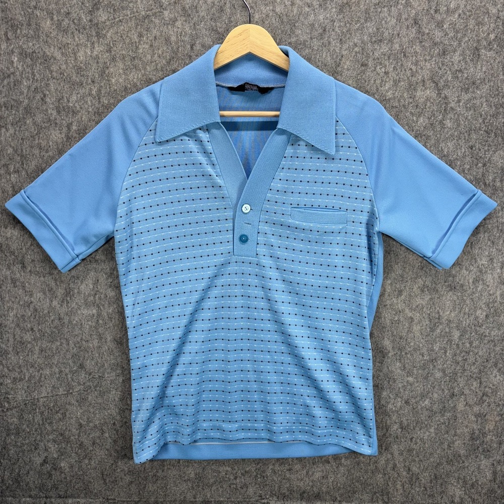 True Vintage 60s 70s Johnny Collar Polo Shirt Men's Medium Mod Mad Men Blue USA